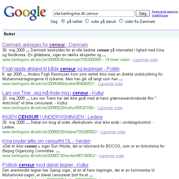 Google-søgning på censur på berlingske.dk